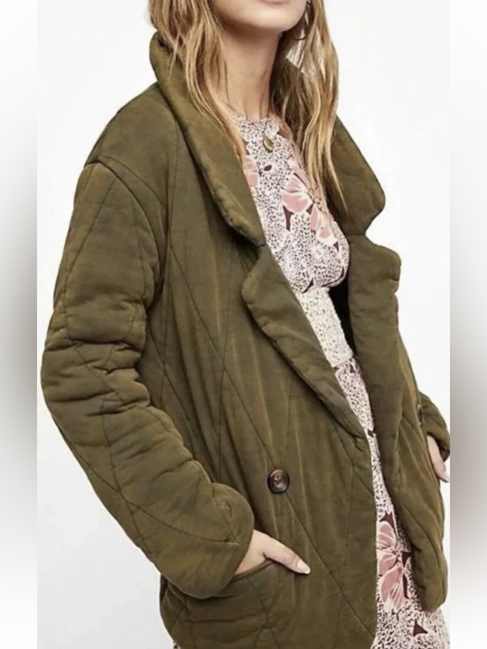 Free People Tawny Puffer Pillow Jacket Quilted Olive Green Boho Puffer Coat